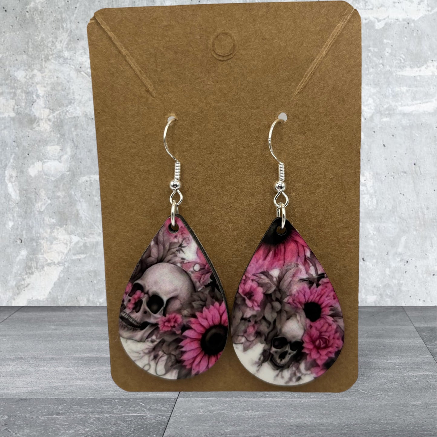 Pink and Black Skull and Sunflower Earrings