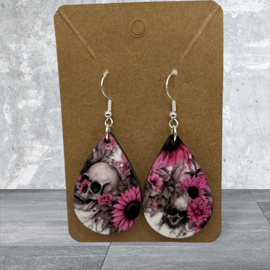Pink and Black Skull and Sunflower Earrings