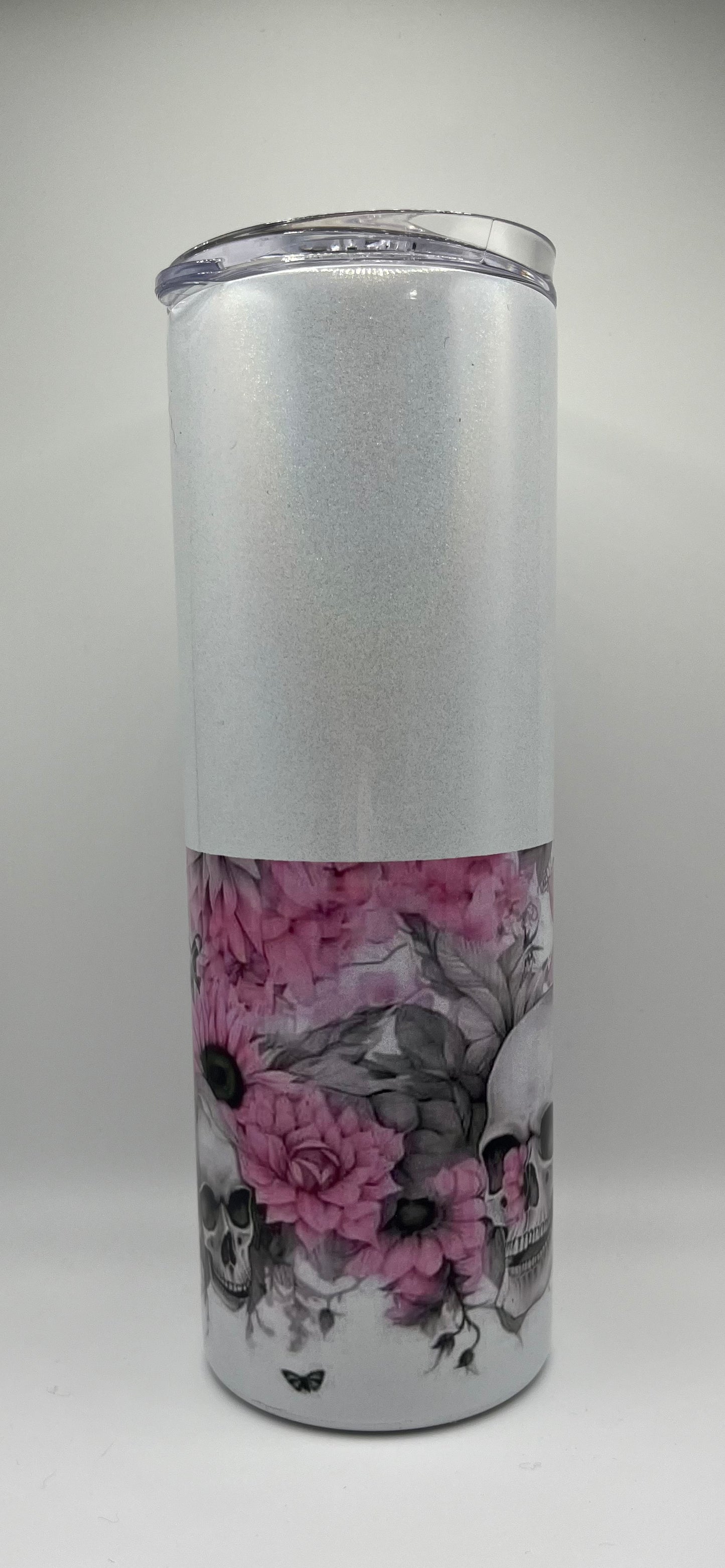 Half White Glitter/Half Pink and Gray Skull Theme 20oz Steel Tumbler