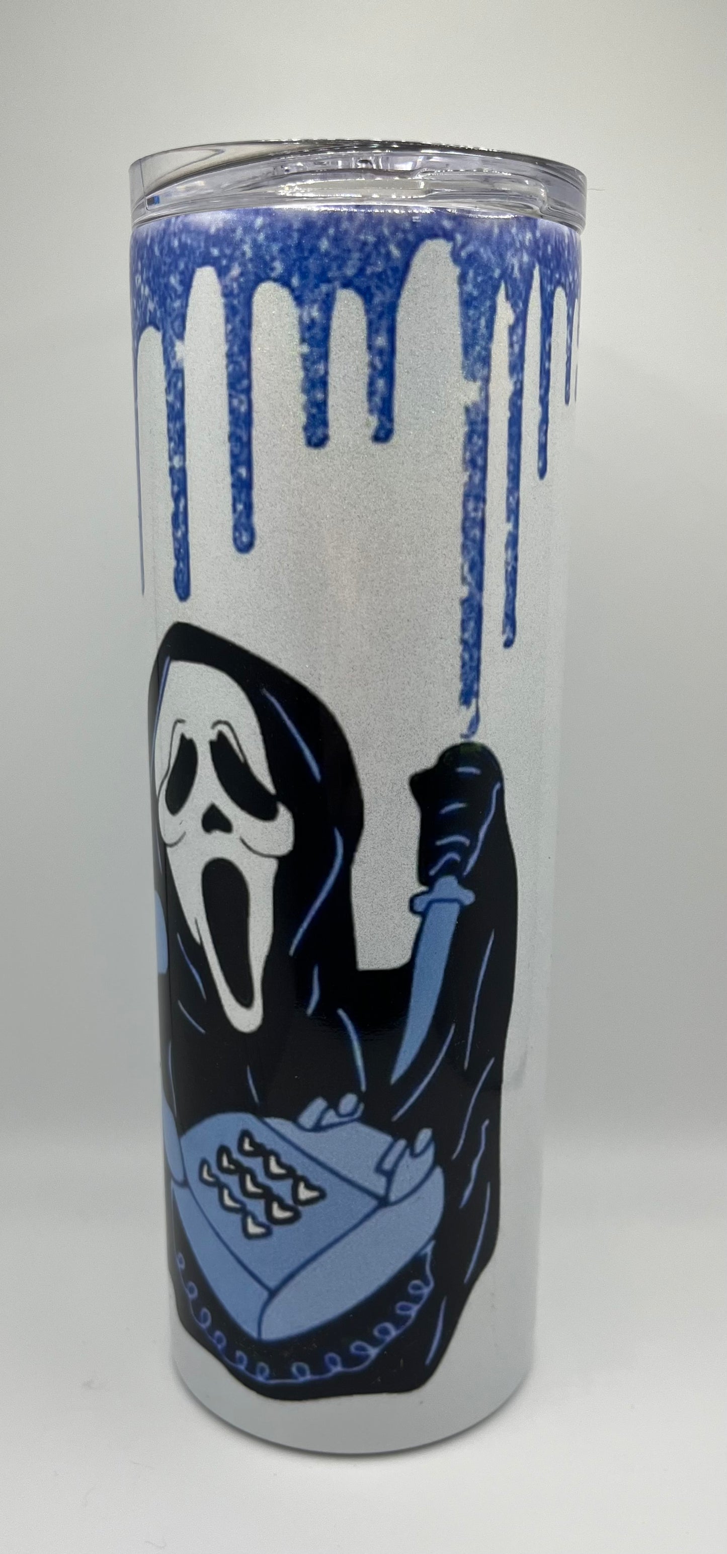 Ghost Face “You Hang Up First” Blue Glitter Drip 20oz Steel Tumbler