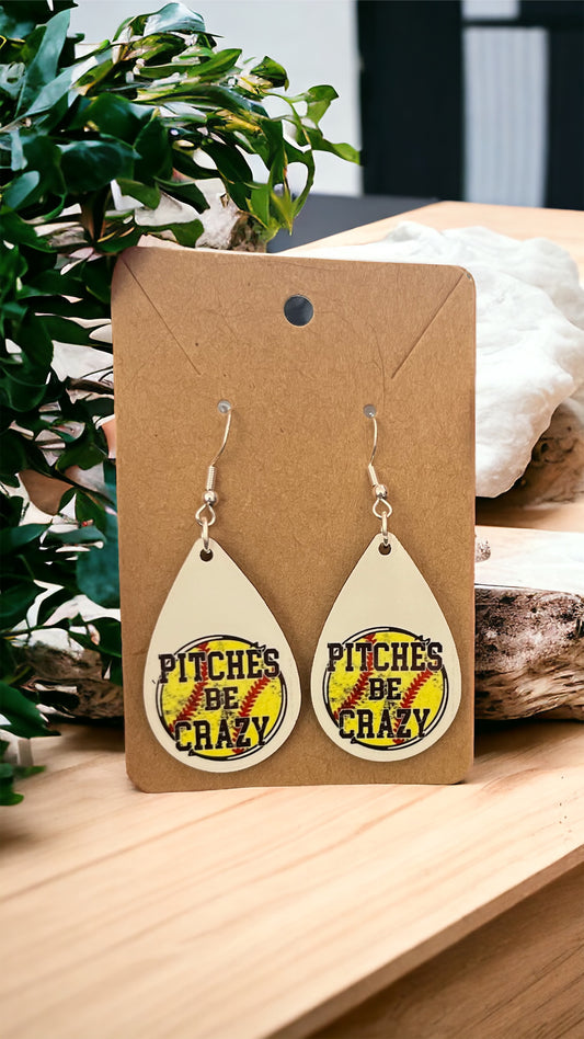 “Pitches Be Crazy” Double-Sided Teardrop Softball Earrings