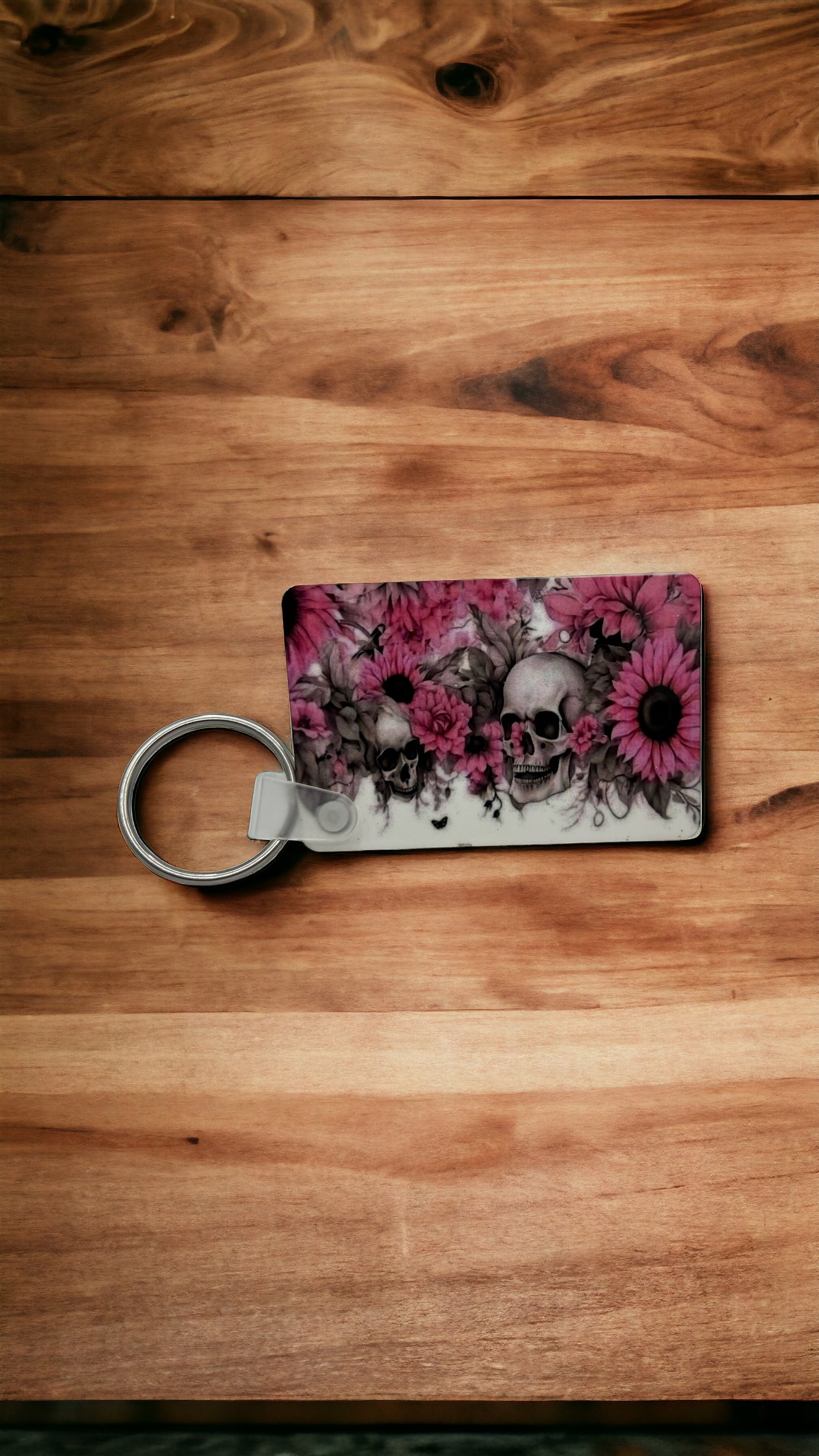 Pink and Black Skull and Flowers Keychain