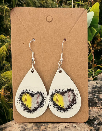Baseball/Softball Split Heart Teardrop Earrings