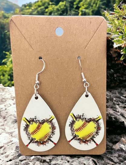 Softball Heart Burst with Bats Teardrop Earrings
