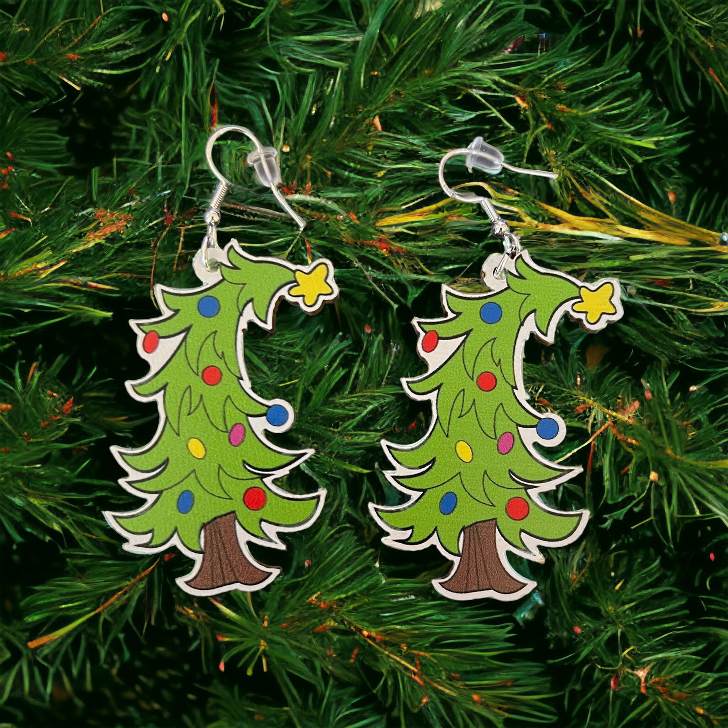 Laser Cut Wood Christmas Tree Earrings