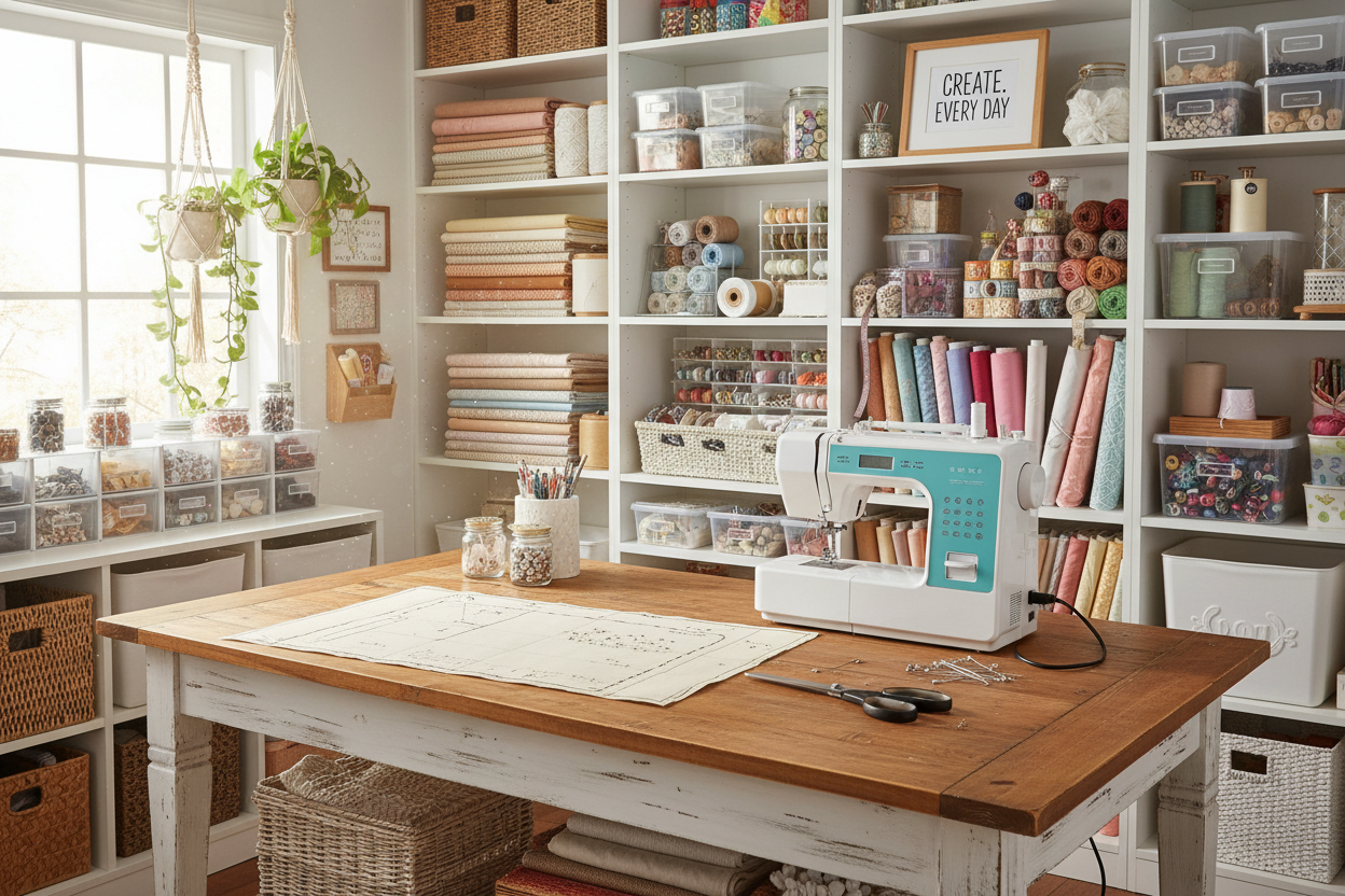 a craft room filled with various craft supplies, with a table in the middle of the room that has a sewing pattern laid out on it, with scissors and pins on the table and a sewing machine nearby